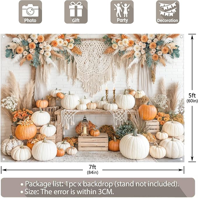 Fabric 7x5ft Autumn Boho Pumpkin Backdrop Fall Harvest Banner | Thanksgiving Day Floral Photography Background, Family Girl Women Party Decorations, Wedding Baby Shower Photo Props - Image 3