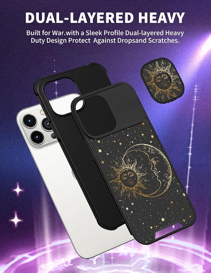 (2in1 for iPhone 14 Pro Max Case Sun and Moon Stars for Women Cute Space Phone Cover with Slide Camera Cover Protective Fashion Golden Print Design Black Cases for 14 ProMax 6.7'' - Image 5