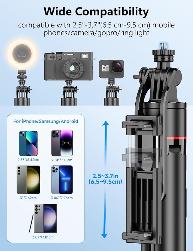 70" Extendable Selfie Stick Tripod, Automatic Phone Tripod with Magnetic Remote & 1/4" Screw, Lightweight Travel Tripod Stand for iPhone/Android & Camera, Vlog Video Recording - Image 7