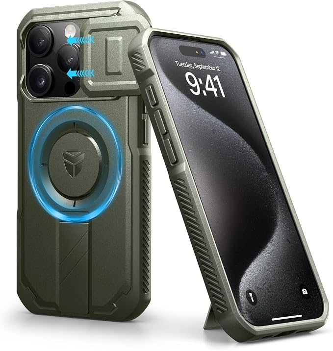 Dexnor for iPhone 15 Pro Case with Slide Camera Cover & Adjustable Kickstand, Compatible with MagSafe, Rugged Shockproof Bumper Cases Heavy-Duty Magnetic Protective Cover,6.1 inch,Army Green by Dexnor