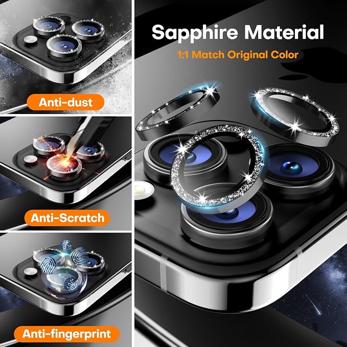 Camera Lens Protector for iPhone 17 Pro Max/17 Pro- Glitter Black | 9H Tempered Glass, Metal Individual Camera Cover, Accessories, Anti-drop, Case Friendly, HD Clear, Anti-Scratch - Image 3