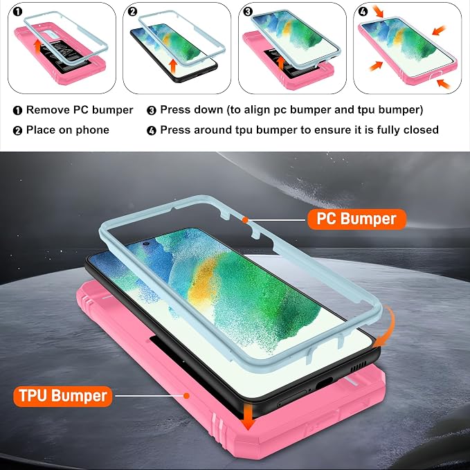 Gritup for Samsung Galaxy S21 FE 5G Case with 2PCS Screen Protector, Build in 360° Rotating Ring Kickstand, Military Grade Protective Case for S21 FE Phone, Green+Pink - Image 4