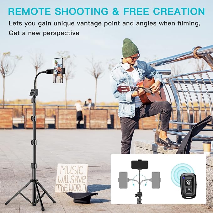 74" Flexible Phone Tripod, Tall Cell Phone Tripod with Adjustable Gooseneck | Portable Camera Cellphone Stand with Remote for Video Recording, Compatible with iPhone Android - Image 2