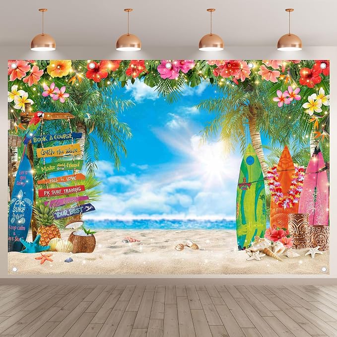 12x8ft Summer Hawaiian Beach Photography Tropical Luau Backdrop | Flower Palm Leaves Background, Aloha Party Supplies, Surfboard Banner, Holiday Photo Booth, Polyester, Grommets, 1PC by YCUCUEIBACKDROP
