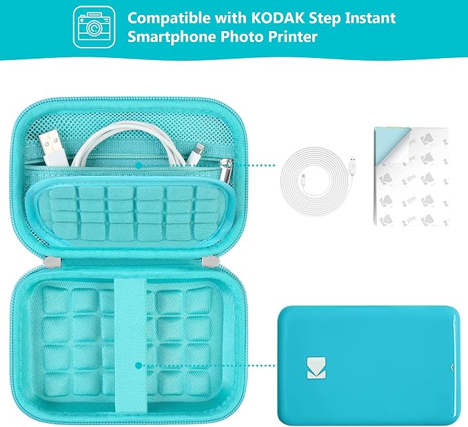 Hard Carrying Case for Kodak Step Instant Smartphone Photo Printer - Portable Mini Color Wireless Mobile Printer, Zipper Mesh Pocket for USB Cable, Photo Paper, Green - Image 2