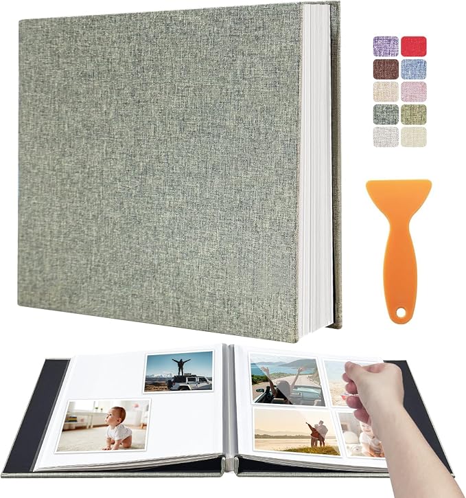 Large Photo Album Self Adhesive Scrapbook Album for 4×6 5×7 8×10 Pictures DIY Magnetic Linen Cover Album 40 Pages for Family Wedding Gifts with Metal Pen and Plastic Board, Light Green by HenPisen