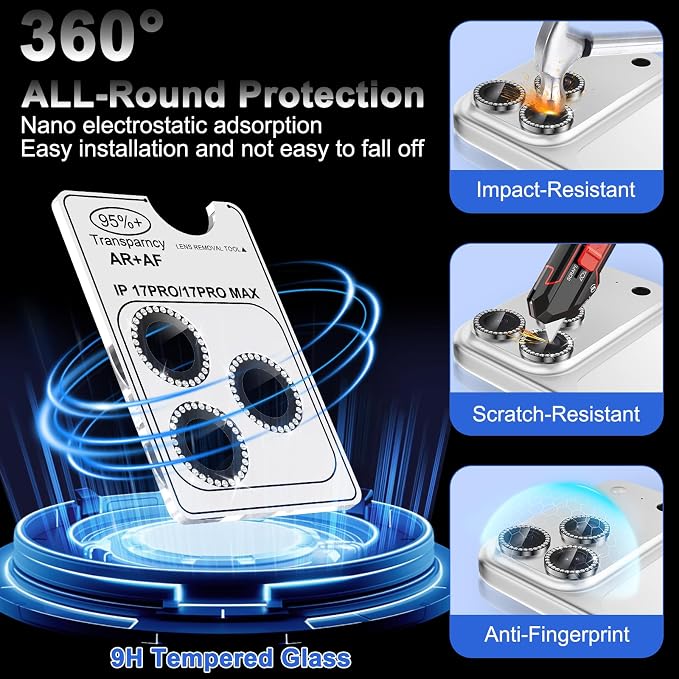 Meshine for iPhone 17 Pro/17 Pro Max Camera Lens Protector,Scratch Proof,Strong Adsorption,9H Hardness with Metal Ring Camera Cover,Ultra Thin Case Friendly, Accessories Lens Protector,Shiny Black - Image 3