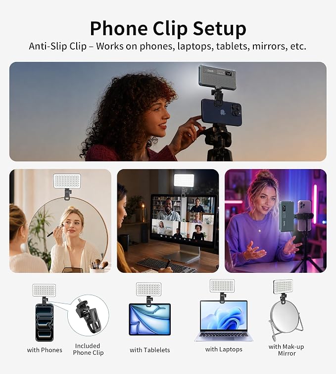 Zecti 135 LED RGB Selfie Phone Light with Metal Hotshoe & Clip | CRI 96+ 2500K-9900K 21 Effects RGB Video Light, 12W 4000mAh Camera Light for iPhones, iPad, Laptop, for Makeup, TikTok, Vlog - Image 7