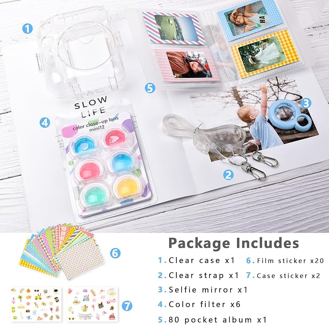 Rieibi Accessories for Fujifilm Mini 12, Gift Bundle Includes Clear MINI12 Case with Strap, Mini Photo Album, Selfie Mirror, DIY Stickers, Color Filter (No Camera) - Blue - Image 7