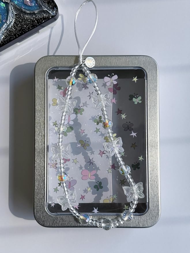 Drawwind Phone Charm Beaded Wristlet Strap Universal Cell Phone Lanyard Cute Bracelet Wrist Strap Beaded Chain String Handmade Accessories for Case Camera Bags (Multi Butterfly) - Image 4