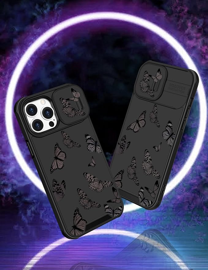 (2in1 for iPhone 13 Pro Max Case for Women Butterfly Girly Phone Cover Cute Black Butterflies Unique Design with Slide Camera Cover Protective Fashion Cases for Apple 13 Pro Max 6.7'' - Image 4