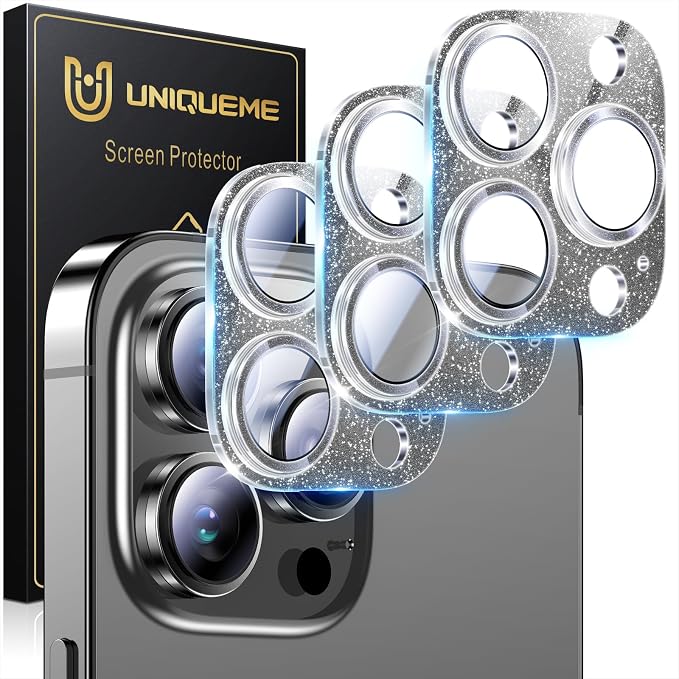 UniqueMe for iPhone 14 Pro Max/14 Pro Camera Lens Protector-Glitter Black | 3 Pack-Acrylic, Not Glass, Case Friendly, Scratch-Resistant, Night Shooting Mode by UniqueMe