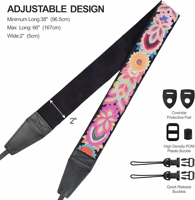 Padwa Lifestyle Colorful Knit Camera Strap - 2" Full Grain Leather Ends Camera Straps for Photographers, Vintage Embroidered Cotton Soft Suede Fabric Padded Strap Quick Release fits All Cameras - Image 6