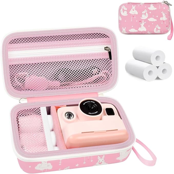 Kids Instant Print Camera Case & 3 Rolls for DYLANTO for ESOXOFFORE | Portable Digital Camera Case for ETIKEZ for YTETCN for DUDUDRAGON with Pocket for Accessories (Box Only)-Pink Rabbit by Grapsa