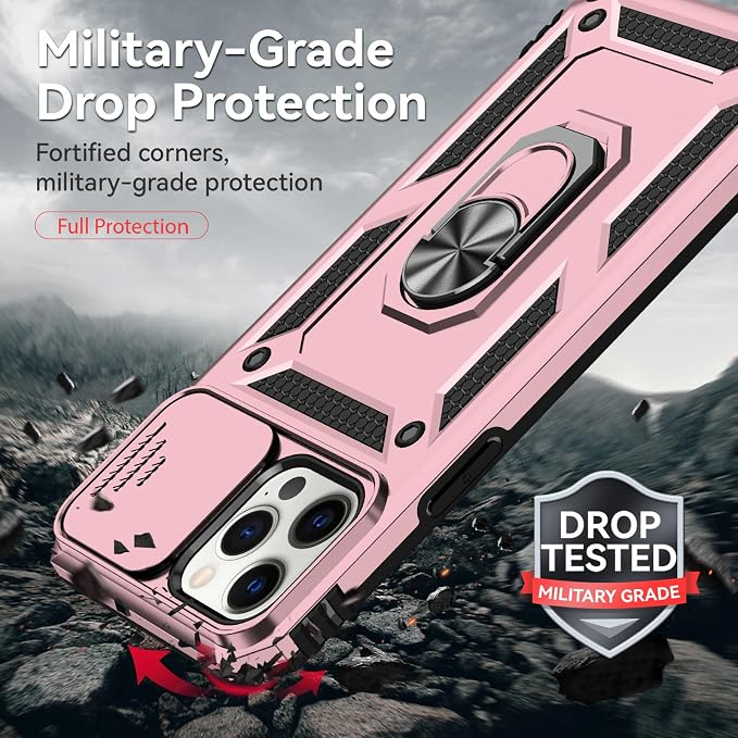 HNHYGETE for iPhone 12 Pro Max Case with Screen Protector: [Military Grade 20ft. Drop Tested] Slide Camera Cover Ring Shockproof Protective Phone Case for - iPhone 12 Pro Max (Rose Gold) - Image 3