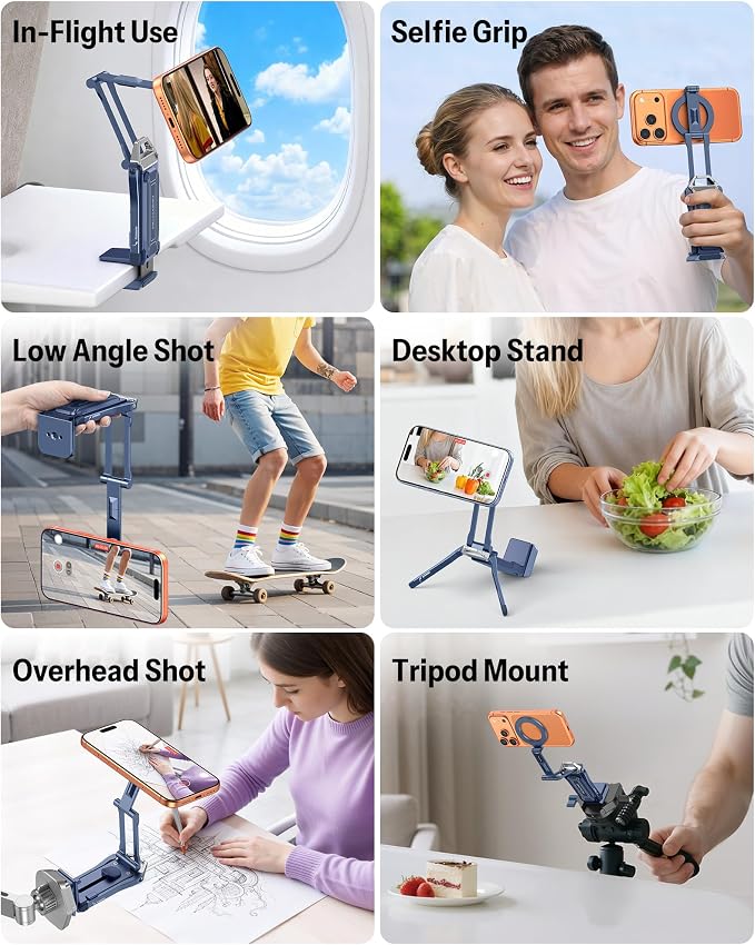 OMOTON TP02-Pro Magnetic Phone Holder, 5-in-1 Tripod Stand with Rear Attachment Plate | Desk, Kitchen, Gym, Vlogging | iPhone 12-17 Series, Blue - Image 5