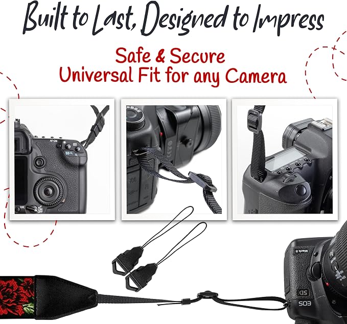 Camera Strap - Shoulder, Crossbody & Neck Camera Strap for Photographers, Fits All Cameras, Canon Nikon Sony Fujifilm, Padded Strap W/ Quick Release, Embroidered Cotton & Leather Ends, Red Roses - Image 7