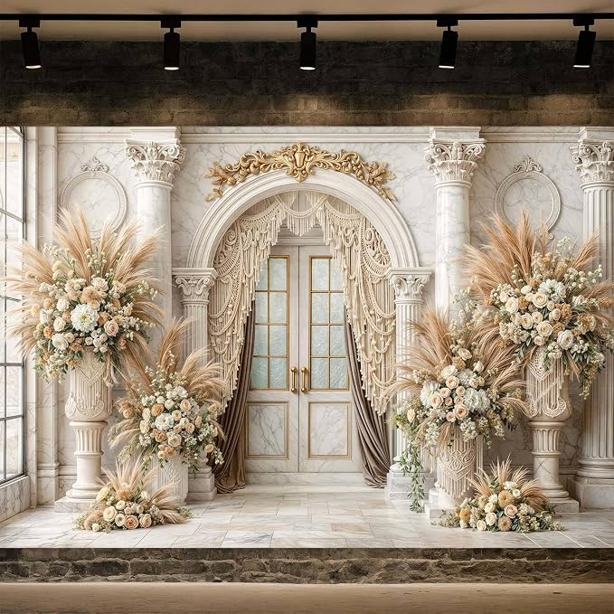 7X7ft European Retro Palace Backdrop Elegant Boho Flowers Photography Background Luxurious Dreamlike Wedding Bridal Shower Party Decoration Supplies Cake Table Photo Booth Studio Props - Image 2