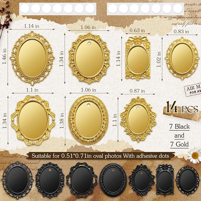 Lewtemi 14 Pcs Mini Frames Dollhouse, Vintage Black Gold Oval | Museum Accessories for Miniatures, Vintage Ornate Design with Hanging Holes, Ideal for Tiny Photo Display in 1:12 Scale Rooms - Image 2