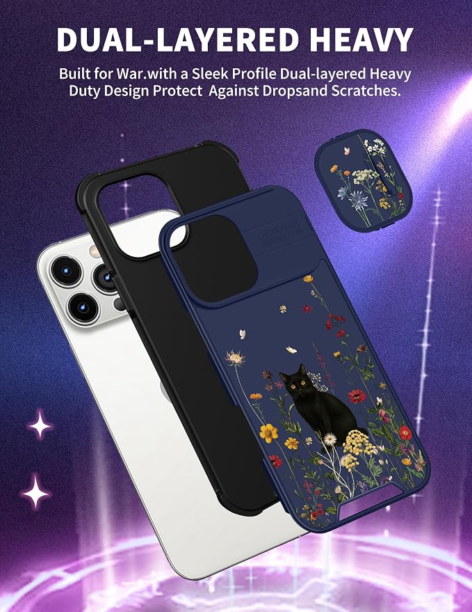 for iPhone 16 Pro Case - Women Cute Phone Cover Girly Pretty Fancy Unique Aesthetic Design Slide Camera Cover Protective Case for Apple for iPhone 16 Pro,Black Cat - Image 5