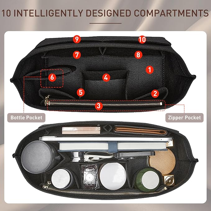 Doxo Purse Organizer Insert for Handbags & Base Shaper 2pc Set, Felt Neverfull MM Organizer Insert, Tote Bag Organizer with Zipper Pocket and Bottle Holder, Fit Speedy 30 Neverfull MM and More,Black-L - Image 4