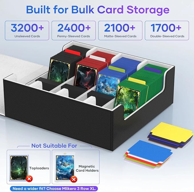 Mlikero Trading Card Storage Box, Bulk Card Storage for 2400+ Sleeved Cards, PU Leather Magnetic Closure Card Organizer with 10 Dividers & 4 Foam Stoppers, Fit for MTG, TCG and Sports Cards - Image 3