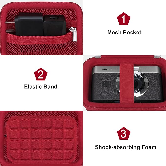 Canboc Carrying Case for KODAK PIXPRO C1 Friendly Zoom Digital Camera | For Canon PowerShot ELPH 360 HS A/ 360 HS/ 360/ IXY 650 Digital Camera, Mesh Pocket fit Cable, SD Card, Red (Case Only) - Image 6
