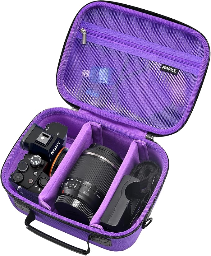 RAIACE Hard Case Compatible with Sony Alpha 7 II III IV/7R V Camera, for Nikon, for Canon, for Pentax and More. Mesh Pocket for Charger, Cables, Cards and Accessories. (case only) (Purple) by RAIACE