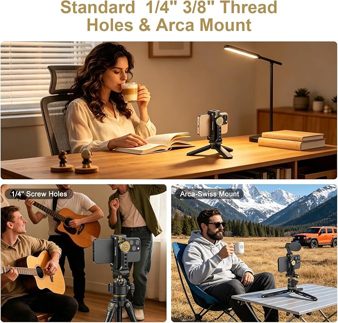 Minifocus Metal Phone Tripod Mount | 1/4" Threads with Cold Shoe|360° Rotatable Phone Clamp|Compatible with sellphone for Selfie Stick|Tripod|Streaming - Image 3