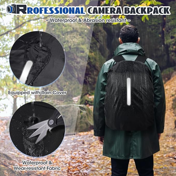 RAINSMORE Camera Backpack Camera Bag for Photographer DSLR SLR Mirrorless Camera Cases with Waterproof Rain Cover & Laptop Compartment Fit 15.6 Inch Laptop,Anti Theft Travel photography backpack,Black - Image 7
