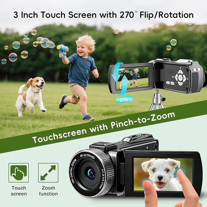 4K Ultra HD Camcorder, Video Camera with Auto/Manual/Fixed Focus, Wireless Lavalier Microphone, Tripod & Remote Control, 3 Inch Touchscreen Vlog Camera for YouTube, Travel & Family Recording - Image 5