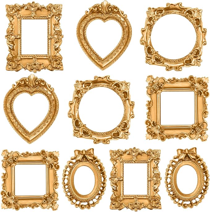 Vicenpal 10 Pcs Gold Mini Vintage Picture Frames Bulk | Small Vintage Photo Frames, Antique, Resin, Baroque, Ornate, Cute Wallet Size, for DIY Jewelry Gifts Christmas Wedding Decor by Vicenpal