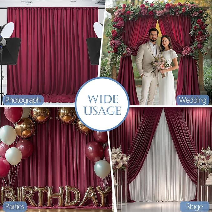 ESGOTBME 20x10ft Wrinkle Free ‌Burgundy Backdrop Curtain for Parties Soft Fabric Drapes Wedding ‌Curtain Backdrop for Birthday Party Decorations Background for Photography 5x10ft, 4 Panels - Image 4