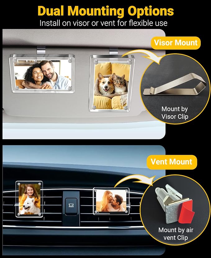 2Pcs Car Picture Holder for Sun Visor & Air Vent, 2.36"x3.5" Car Photo Clip | Clear Magnetic Acrylic Car Picture Frame for Polaroid, Instax Mini & Wallet-Size Photos, Personalized Car Decor Photo Gifts - Image 2