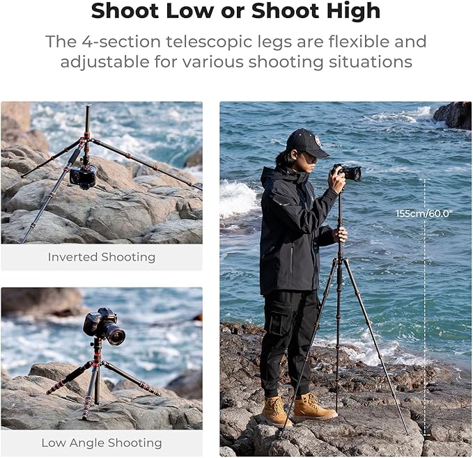 K&F Concept 60" Carbon Fiber Camera Tripod, Detachable Monopod for SLR DSLR | Max Load 17 lb, Lightweight Compact Travel Tripod, 360 Degree Ball Head, Quick Release Plate, A225C0+BH-25L - Image 5