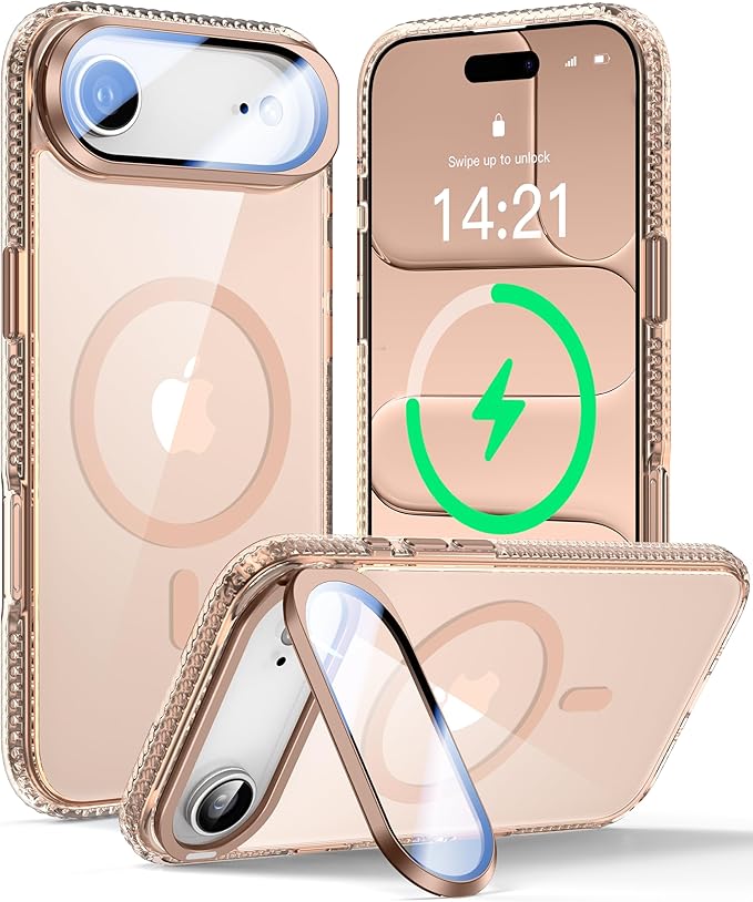 VOFATA [Upgraded Full Camera Protection] for iPhone Air Case with Camera Cover Stand [Fit for MagSafe][10FT Mil-Grade Protection] Transparent Magnetic Phone Cover for iPhone 17 Air Case, Clear Gold by VOFATA