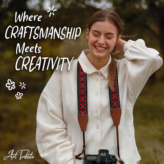 Art Tribute Camera Strap - Shoulder, Crossbody & Neck Camera Strap for Photographers, Fits All Cameras, Canon Nikon Sony Fujifilm, Padded Strap W/Quick Release, Embroidered Cotton & Leather Ends - Image 8
