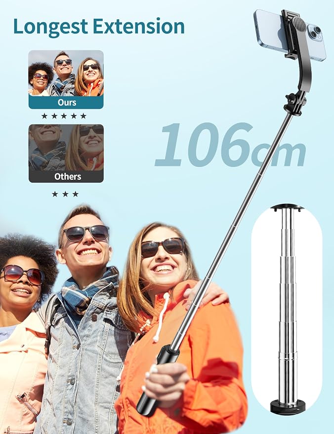 Selfie Stick, 41'' Extendable Phone Tripod Stand with Phone Holder & Detachable Remote, 360° Rotation Selfie Stick Tripod for Cell Phone Compatible with iPhone, Android, Samsung - Image 6