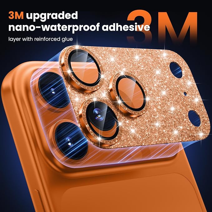 WSKEN for iPhone 17 Pro Max Camera Lens Protector - Military Grade Design | Strong Adhesion, Daily Shatterproof, Metal Aluminum Alloy Tempered Glass Camera Screen Protector, Glitter Orange - Image 3