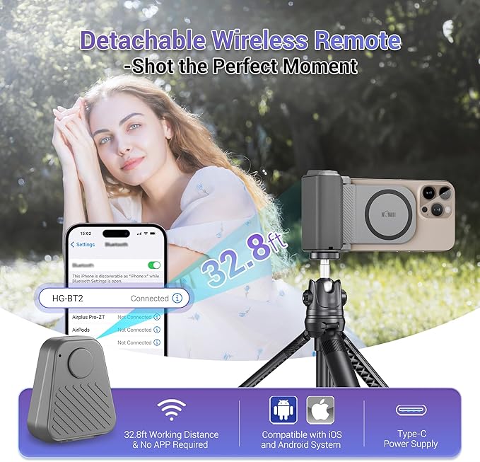 Phone Camera Grip with Remote for MagSafe iPhone 17 16 15 Pro Max | Magnetic snap-on grip, BT remote. 1/4" thread for tripod(NOT Included). for iPhone 17 Pro MagSafe travel Vlog Video Shooting - Image 2