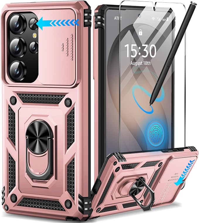 Taisairu for Samsung Galaxy S26 Ultra Case with Screen Protector & Slide Camera Lens Cover, Built-in Magnetic Ring Stand Shockproof Protective Phone Case for Samsung S26 Ultra Case (Rose Gold) by Taisairu