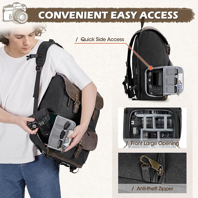 RAINSMORE Vintage Camera Bag with Side Access for DSLR/SLR Mirrorless | 25L Waterproof 15.6 Inch Laptop Photography Backpack with Rain Cover & Tripod Holder Anti-theft Camera Bags for Photographers - Image 4