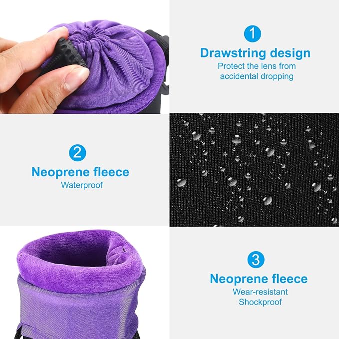 PATIKIL Camera Lens Bag, 2 Pcs 3" ID x 3.9" H Cylindrical Drawstring Lens Pouch with Thick Protective Neoprene, Lens Case for DSLR Camera Lens, Water Coffee Cups Black, Purple - Image 4