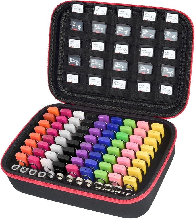 Comecase USB Flash Drive Case, Holds 85 USB Drives and 25 SD Cards | Pre-Cut Foam Stores 85 USB & 25 SD Cards; EVA Hard Shell, Black+Red Zipper, X-Large, Case Only by COMECASE
