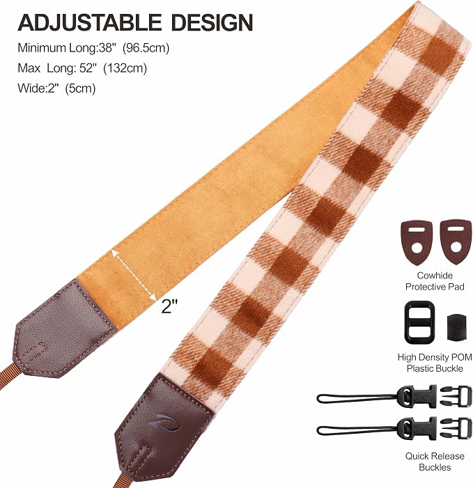 Padwa Lifestyle Camera Strap - 2" Full Grain Leather Ends Camera Straps for Photographers, Unique Vintage Cashmere and Soft Suede Fabric Padded Strap Quick Release fits All Cameras(Beige Brown Check) - Image 6