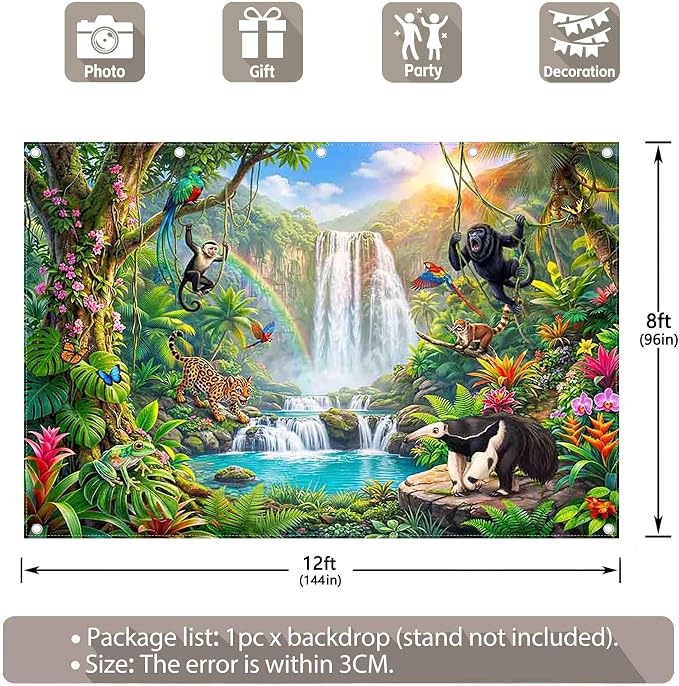 Fabric 12x8ft Rainforest Wild Animals Backdrop Jungle Safari Banner | Summer Tropical Scenery Waterfall Photography Background, School Event Party Decorations, Classroom Photo Props, Polyester - Image 3