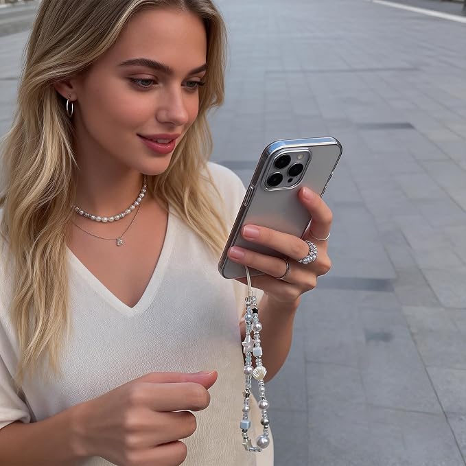 2 Pcs Phone Charm Strap Universal Hand Phone Wrist Strap Camera Lanyard Pearl Beaded Cute Chain String Accessories Universal for iPhone 17 16 Pro Max Samsung Women Girls Keychain Brown and White Star - Image 6