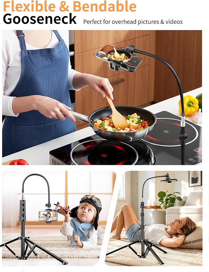 Flexible Tripod for iPhone, 88" Tall Cellphone Tripod with Gooseneck | Overhead Tripod with Phone Holder and Wireless Remote, Camera Phone Stand for Recording, Compatible with iPhone/Android - Image 4