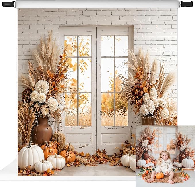 Kate Fall Photography Backdrops Autumn Harvest Pumpkin White Brick Wall Boho Theme Photography Props, 10x10ft by KateBackdropforPhotography