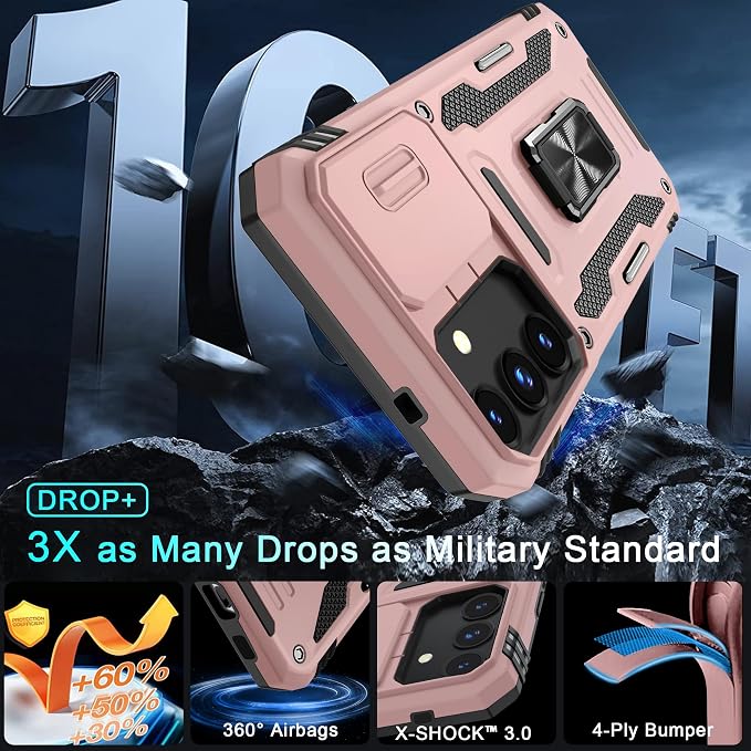 DEERLAMN Case for Samsung Galaxy S24 6.2-Inch with Slide Camera Cover+Screen Protector(1 Pack), Rotated Ring Kickstand Military Grade Shockproof Protective Cover-Rose Gold - Image 4